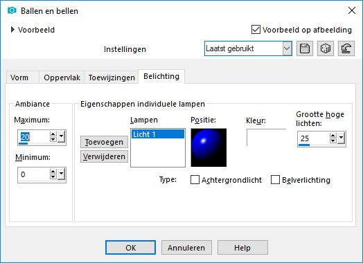 les 18   ballen en bellen tabblad belichting