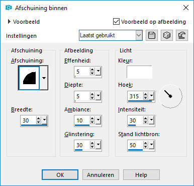 les 20 afschuining binnen voor het gordijn